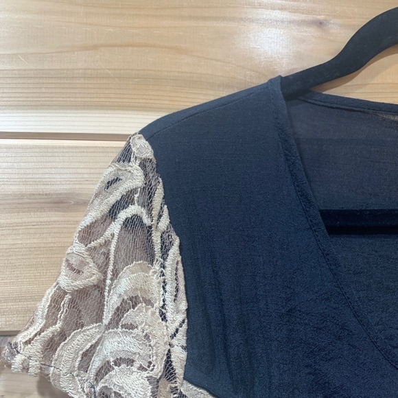 Black W/Beige Lace Panel Boho Dress Short Sleeve Casual Tunic Womens Size Med - Picture 8 of 13